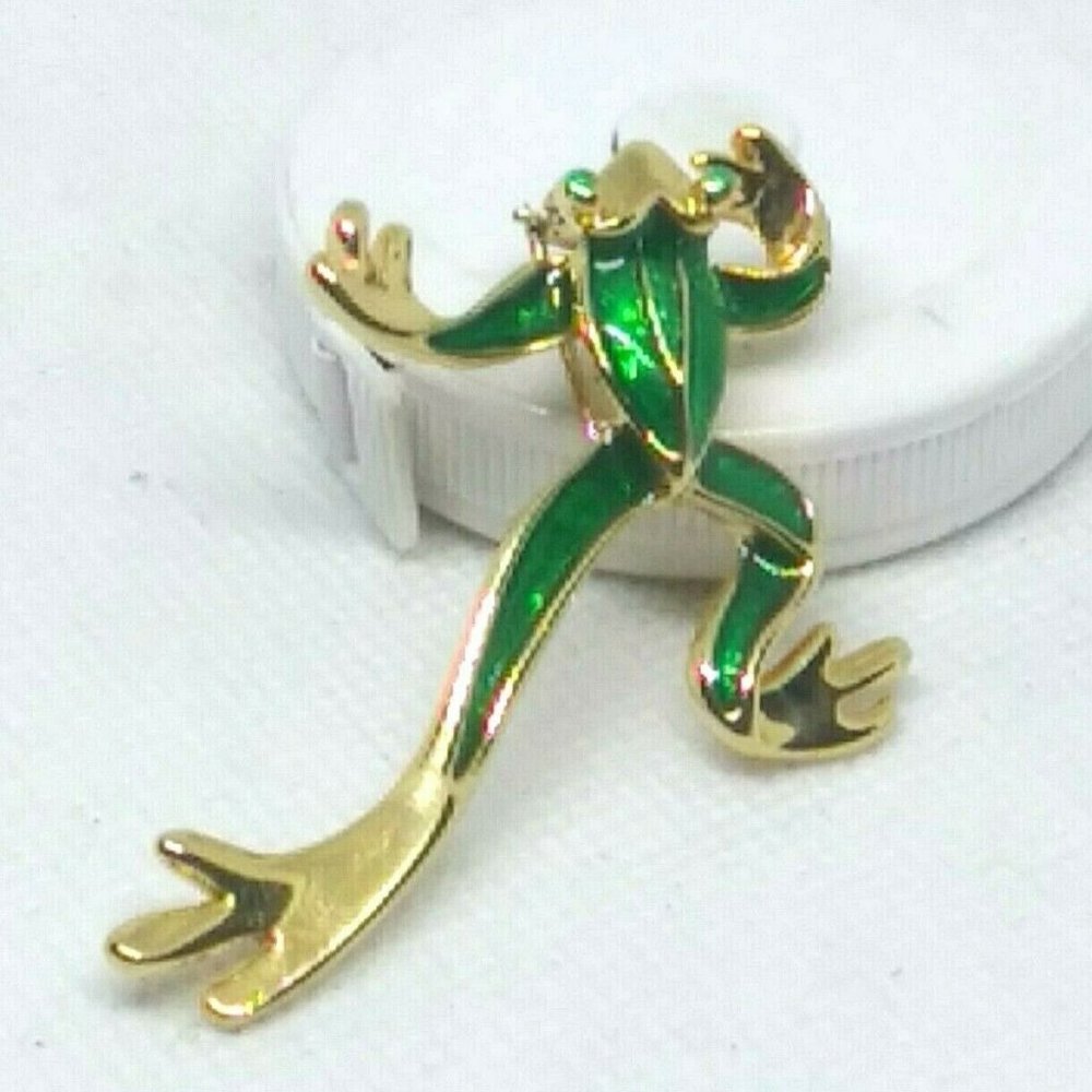 Frog Brooch Pin Leaping Jumping Green Gold